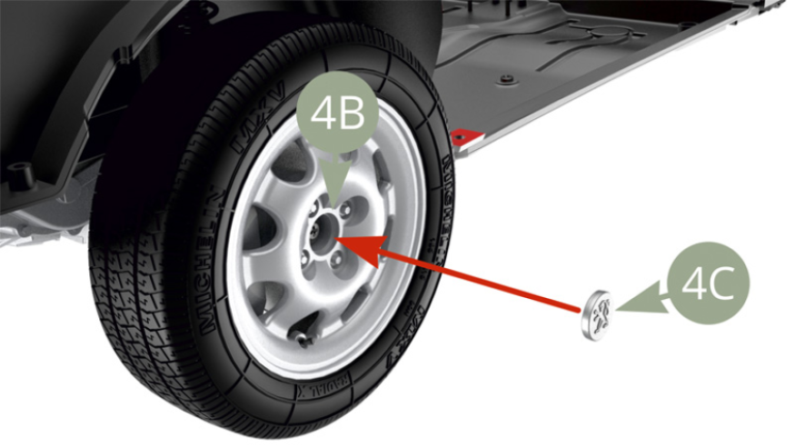 Fit 4C Hub cover to front left 4B Wheel rim . 4C Hub cover is identical and interchangeable with 19C Hub cover.