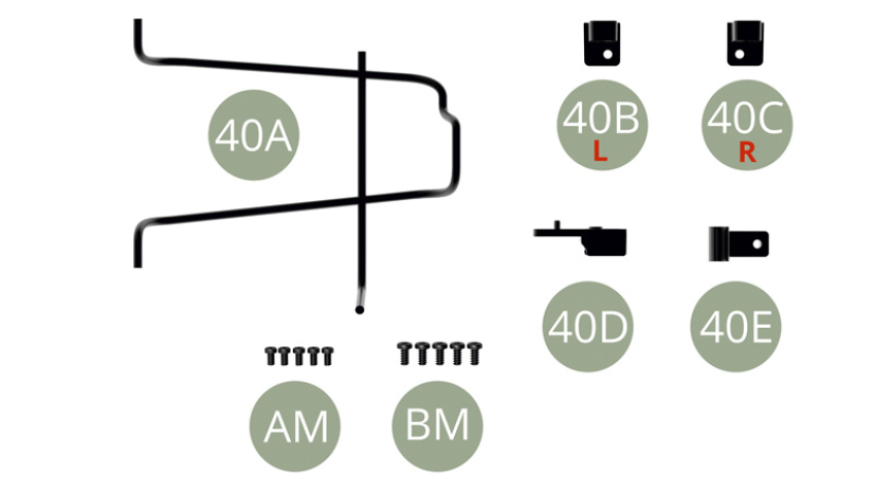 40A Panier de roue de secours40B Support gauche de panier de roue de secours40C Support droit de panier de roue de secours40D Sabot de fixation arrière40E Patte de serrageAM Vis M 1,7 x 3 mm (x 5)BM Vis M 2,0 x 4 mm (x 5)