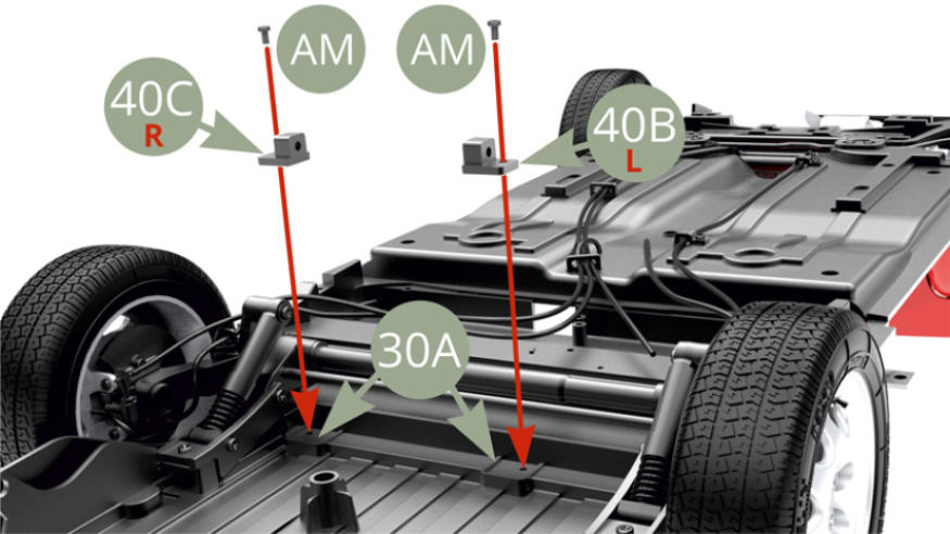 Upturn chassis and fit one by one 40C Right and 40B Left tire holder shoes to 30A Chassis rear section under side and fix each one with AM screw.