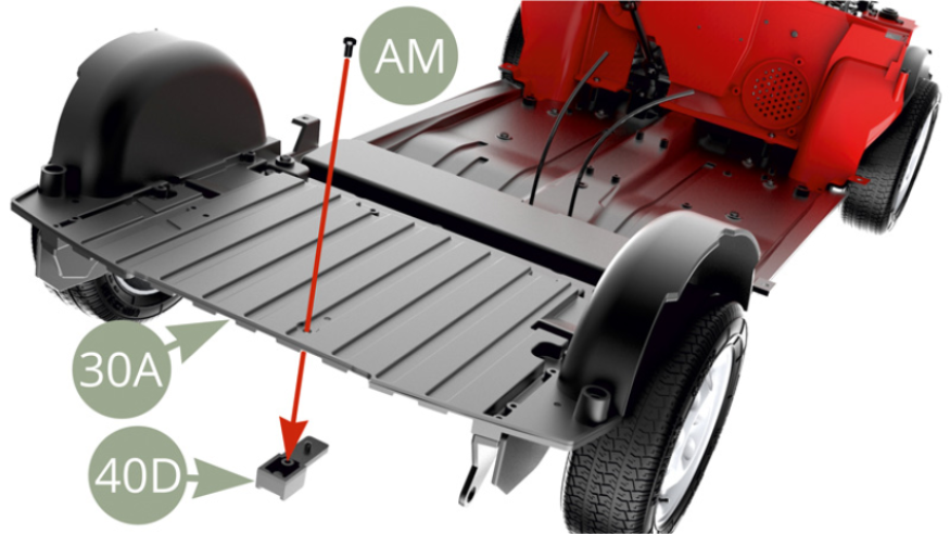 Fit 40D Rear clamp mount to the under side of 30A Chassis rear section and fix from above with AM screw ( top and bottom illustrations ).