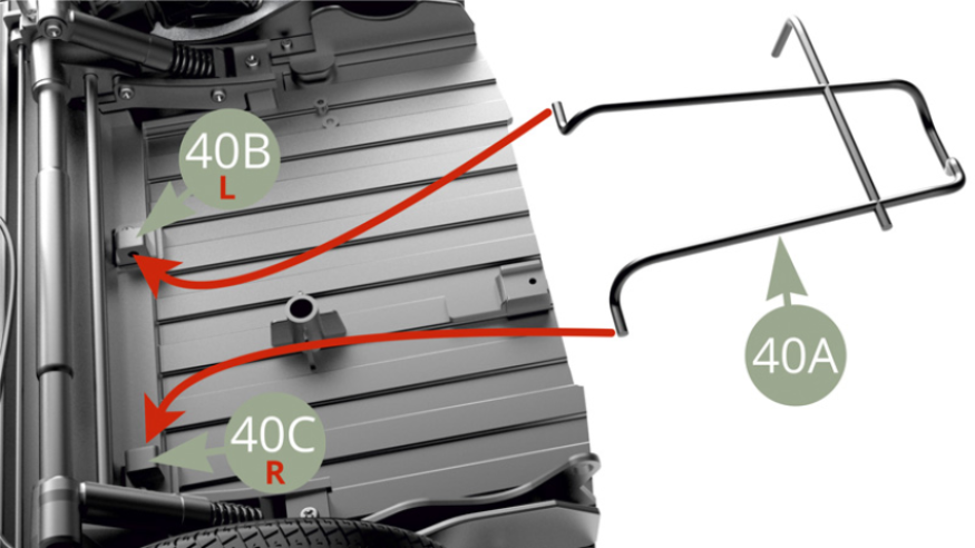 Fit , by carefully bending , 40A Spare tire holder legs into 40C Right and 40B Left spare tire holder shoes holes.