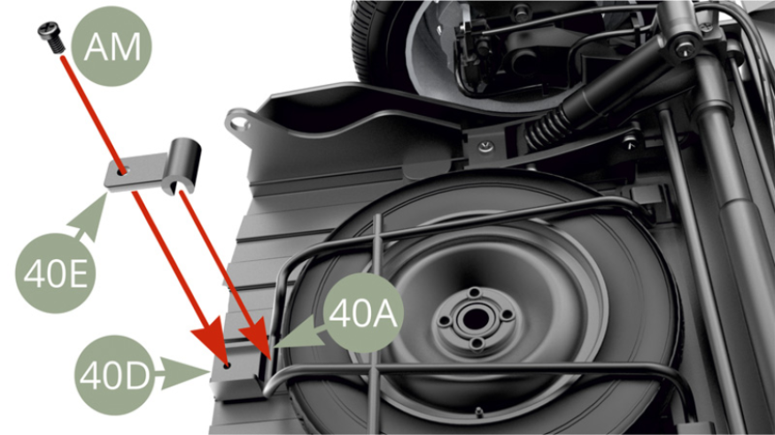 Positionner la patte de serrage 40E sur le sabot de fixation arrière 40D et maintenir la barre du panier de roue de secours 40A en fixant la patte 40E avec une vis AM.