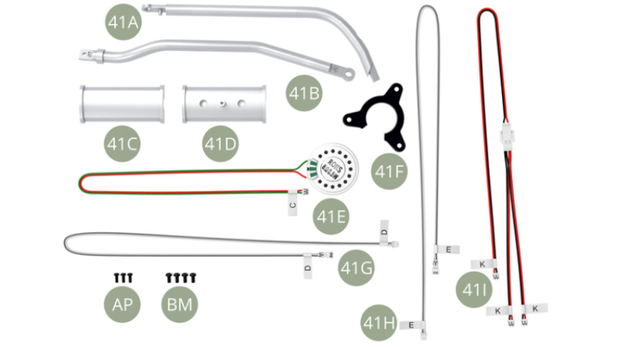 41A Auspuff-Vorderrohr41B Auspuff-Mittelrohr41C Katalysator unten41D Katalysator oben41E Lautsprecher mit Kabel C (rot - grün)41F Lautsprecherhalterung41G Kabel D ( grau - weiß )41H Kabel E ( grau - weiß )41I Kabel K ( rot - schwarz )AP M 1,7 x 4 mm (x 3)BM M 2,0 x 4 mm (x 4)