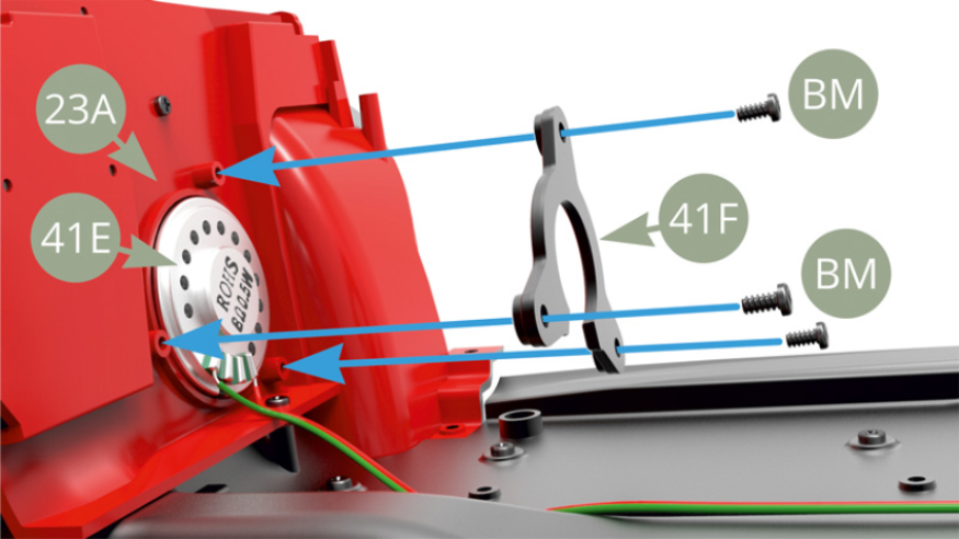 Fit 41E Speaker with cable C ( red - green ) to the nest on 23A Firewall and secure it with three BM screws through 41F Speaker bracket.