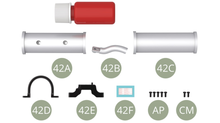 42A Dessus de pot d’échappement42B Tuyau de sortie d’échappement42C Dessous de pot d’échappement42D Collier de suspension42E Support d’échappement42F Autocollant (x 2, un de remplacement)AP Vis M 1,7 x 4 mm (x 5)CM Vis M 1,7 x 4 mm (x 2)