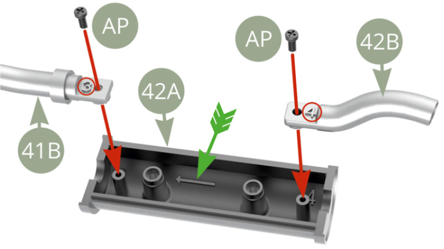 Minding red circled markings and green arrow direction engravings alignment , fit 41B Exhaust mid pipe ( 3 ) and 42B Exhaust exit pipe ( 4 ) to 42A Exhaust silencer top nests , and fix each one with AP screw.