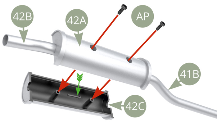 Fije el 42A (Silenciador de escape superior) al 42C (Silenciador de escape inferior) con dos tornillos AP.