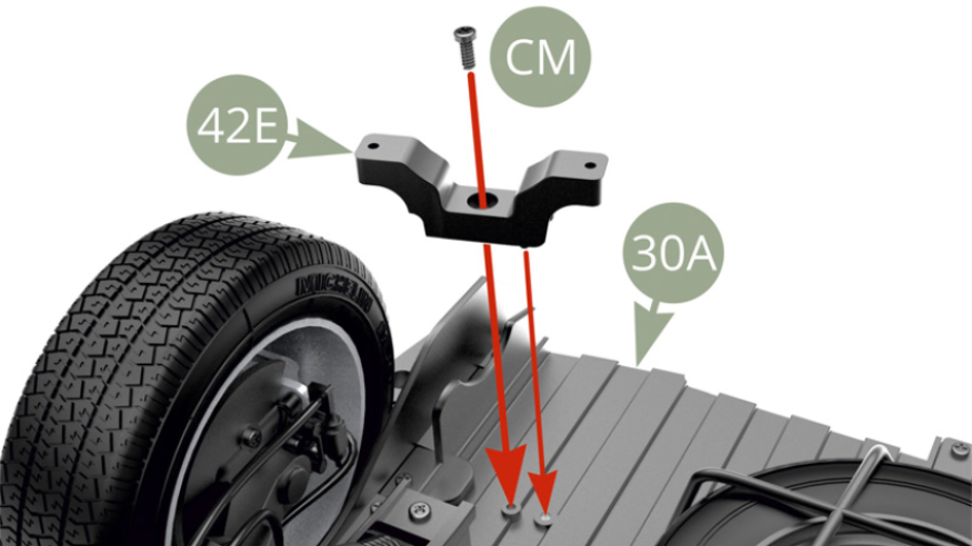 Fit 42E Exhaust mount to 30A Chassis rear section and fix with CM screw ( top and bottom illustrations ).