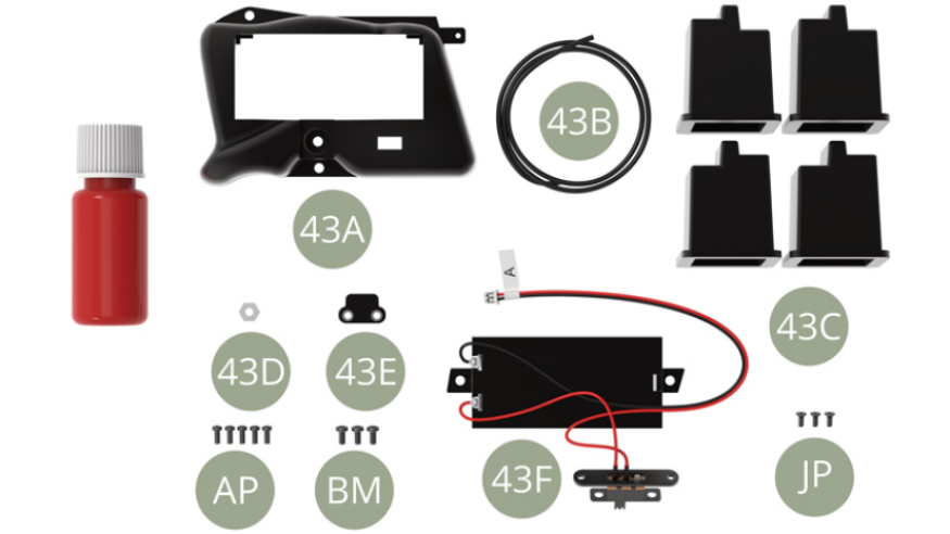 43A Côté droit du réservoir de carburant43B Tuyau de refoulement43C Jacks (x 4)43D Contre-écrou43E Cache-écrou43F Compartiment à pilesAP Vis M 1,7 x 4 mm (x 5)BM Vis M 2,0 x 4 mm (x 3)JP Vis M 1,7 x 4 mm (tête plate x 3)Peinture de retouche