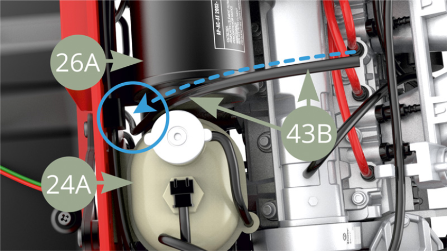 Pass one end of 43B Fuel return pipe down into blue circled area between 24A Coolant bottle and 26A Air filter housing.