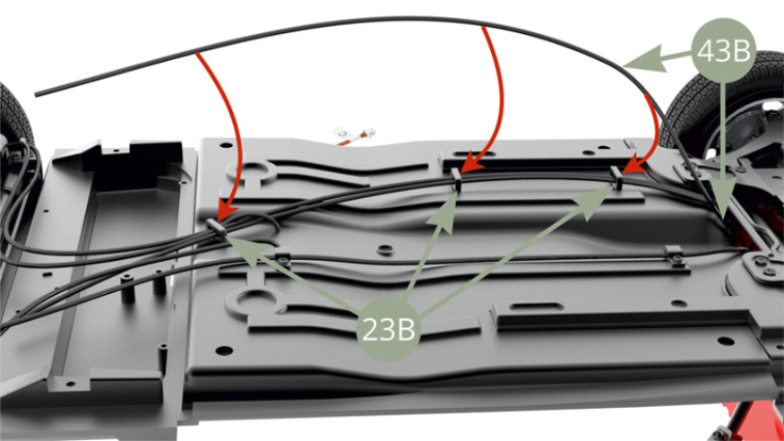 Turn chassis over and continue to lead 43B Fuel return pipe vis three 23B Clamps leaving the end loose.