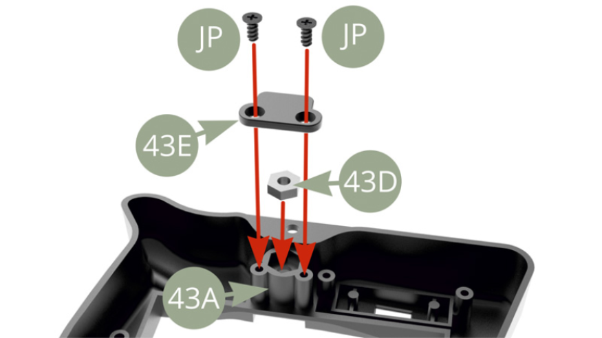 Fit 43D Lock nut to 43A Right side fuel tank niche and secure it with 43E Lock nut keeper and two JP screws.