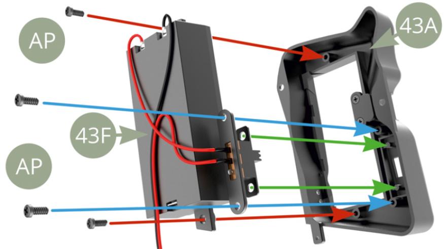 Fit 43F Battery compartment switch to 43A Right side fuel tank on two guides ( green arrows ) and fix with two AP screws ( blue arrows ) . Fit 43F Battery compartment main body into 43A Right side fuel tank and fix it with two AP screws ( red arrows ).