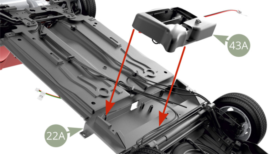 Fit 43A Right side fuel tank to the niche on 22A Chassis panel and fix with two BM screws ( bottom illustrations ).