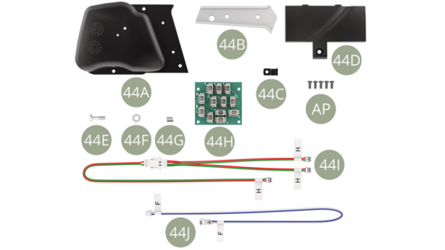 44A Kraftstofftank Links44B Hitzeschild44C Bremsleitungsklemme44D Batterieabdeckung44E Verschluss der Batterieabdeckung44F Unterlegscheibe44G Aufspringende Feder44H Platine44I Kabel der Limousinbeleuchtung H ( grün - rot )44J Kabel Heckleuchten F ( blau - weiß)AP M 1,7 x 4 mm (x 5)