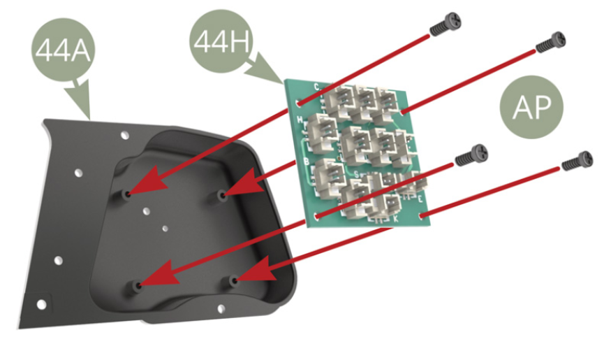 Fit 44H Circuit board into 44A Left side fuel tank and fix with four AP screws . ( note the mutual orientation of parts on lower illustration)