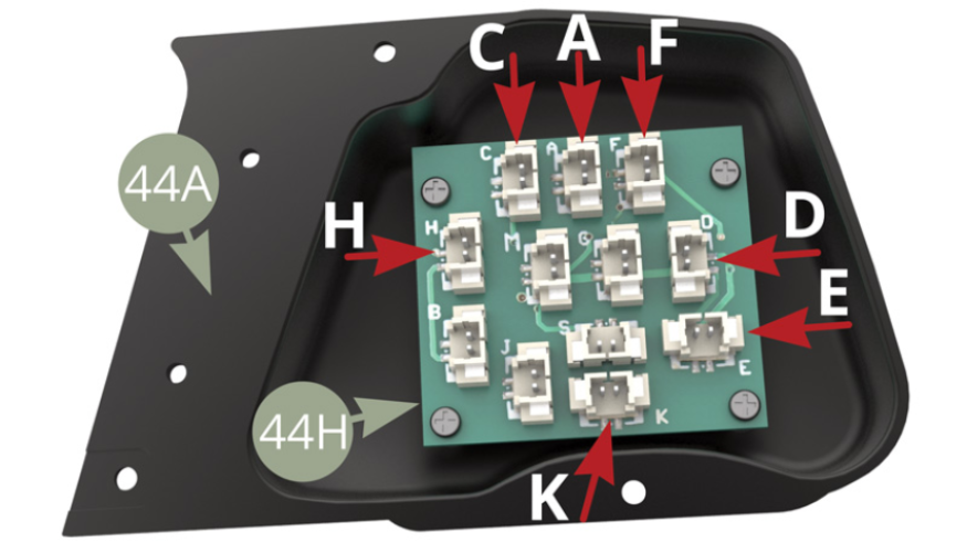 Refer to this illustration throught the assembly process . 44H Circuit board nests to be used in assembly , are pointed by red arrows with respective letter codes .