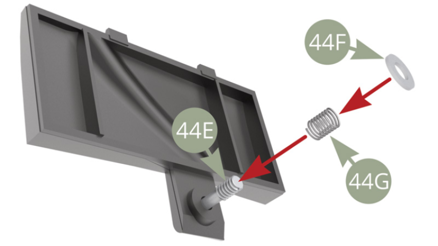 Montieren Sie nacheinander 44G (Aufspringende Feder) und 44F (Unterlegscheibe) auf 44E (Verschluss der Batterieabdeckung).