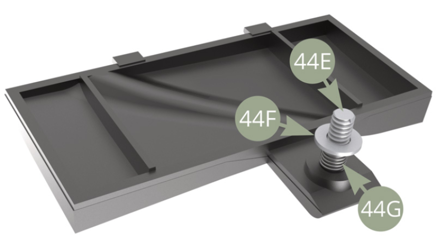 44G (Aufspringende Feder) und 44F (Unterlegscheibe) an 44E (Verschluss der Batterieabdeckung) montiert.