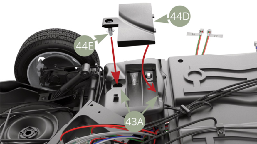 Fit 44D Battery cover to 43A Right side fuel tank and fix 44E Battery cover lock with screwdriver.