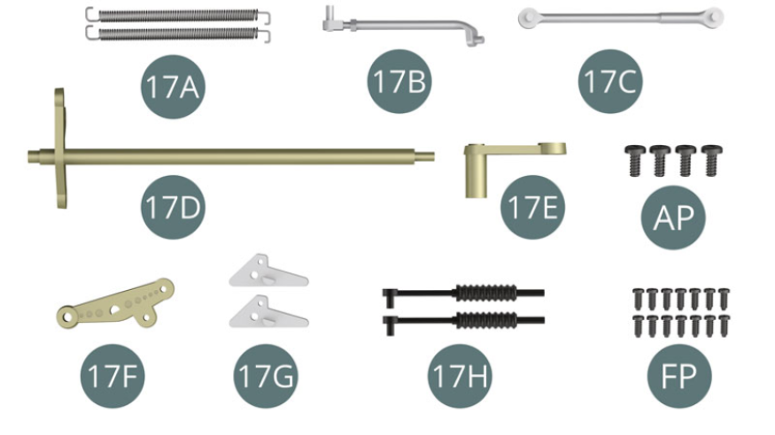 17A Liaison 9 (x 12)17B Biellette moyenne (x 6)17C Biellette courte (x 2)17D Biellette longue (x 2)17E Tige de commande17F Axe à bascule17G Levier de commande17H Levier de renvoi17I Support (x 2)17J Amortisseur (x 2)17K Ressort de rappel (x 2)17L Béquille de générateurAP Vis M 1,7 x 4 mm (x 4)FP Vis M 1,2 x 3 mm (x 19)GP Vis M 1,2 x 5 mm (x 8)HP Vis M 1,2 x 6 mm (x 3)