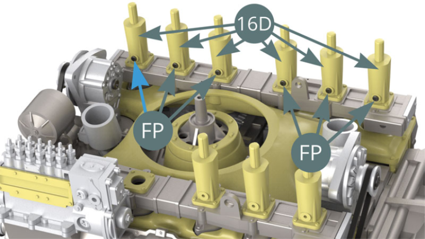 Positionner six vis FP sur les trois trompettes d'admission 16D.Si l'endroit indiqué par la flèche bleue est difficile d'accès avec un tournevis, il n'est pas nécessaire de monter les vis car elles seront dans une partie non visible.