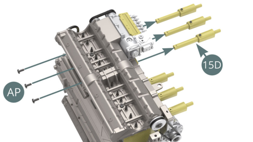 Fixer les trois trompettes d'admission 15D sur les parties inférieures de cylindre 11E et 8G avec trois vis AP (illustrations ci-dessous).