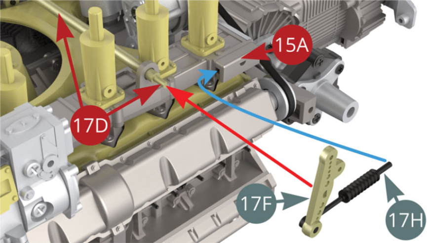 Montar el amortiguador 17H en la base de la trompeta de admisión 15A (flecha azul) y el balancín 17F en el eje del balancín 17D (flecha roja).