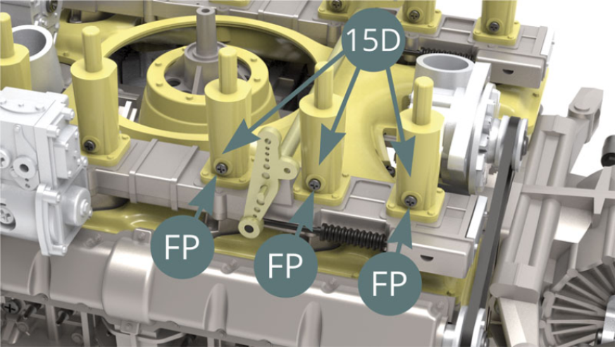 Montar tres tornillos FP en tres trompetas de admisión 15D.
