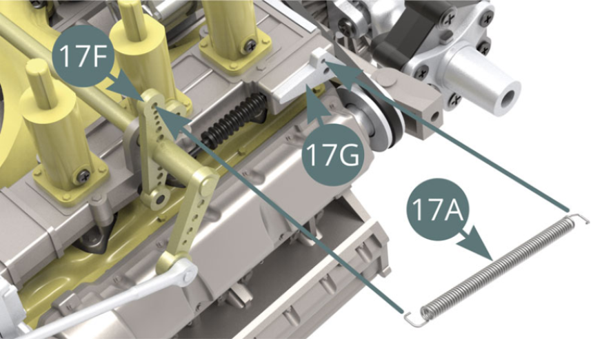 Colocar el resorte de retorno 17A entre el soporte 17G y el balancín 17F.