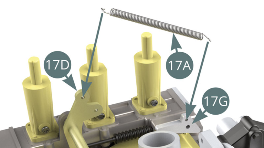 Positionner l'autre ressort de rappel 17A entre le support 17G et l'axe à bascule 17D.