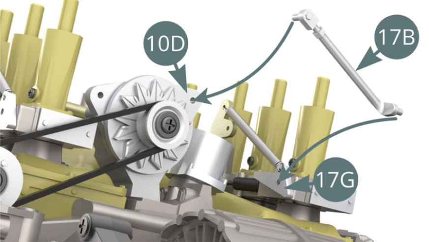 Positionner la béquille de générateur 17B entre le support 17G et le générateur 10D (illustrations ci-dessous).