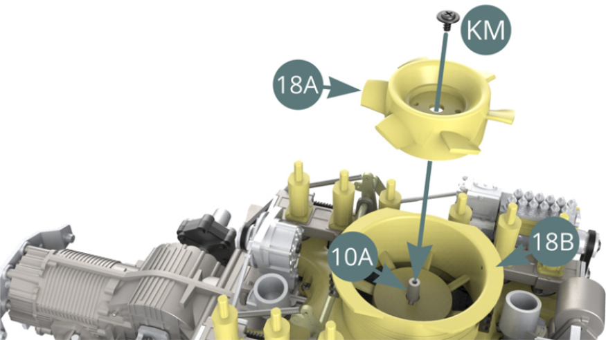 Positionner l’hélice de ventilateur 18A sur l’axe de fusée du dessus de carter moteur 10A et la fixer avec une vis KM.