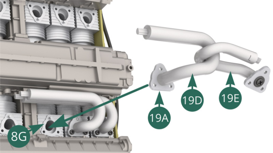 Accrocher le tuyau d’échappement 19E sur le tuyau d’échappement 19D et positionner la bride 19A de ce dernier sur le cylindre 8G.