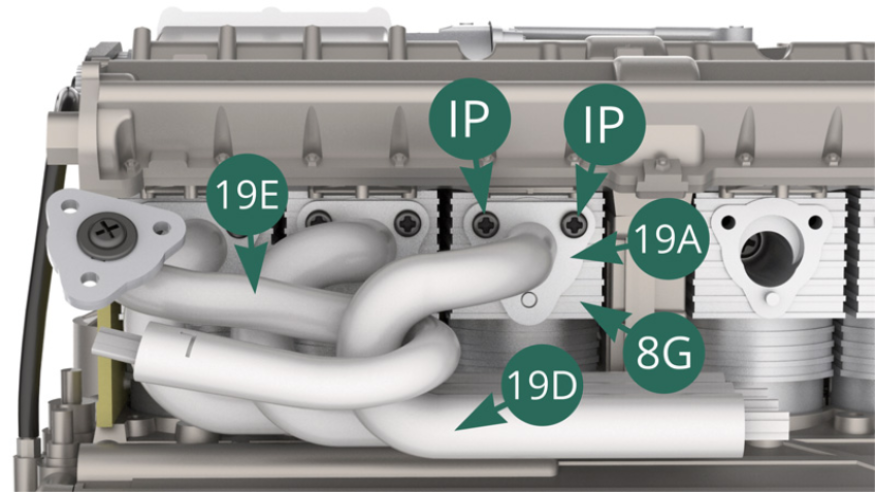 Fixer la bride 19A du tuyau d’échappement 19D sur le cylindre 8G avec deux vis IP.