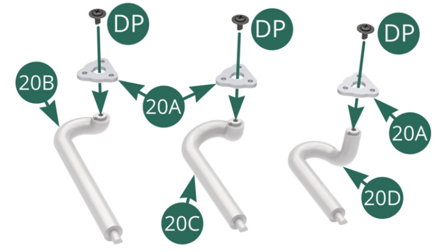 Positionner les six brides 20A sur chacun des tuyaux d’échappement 20B, 20C, 20D, 20E, 20F et 20G, puis les fixer avec six vis DP (illustrations ci-contre).