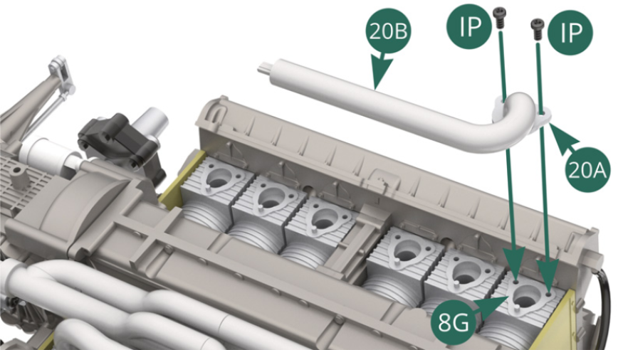 Monta la brida 20A del tubo de escape 20B en el cilindro 8G y fíjala con dos tornillos IP. 