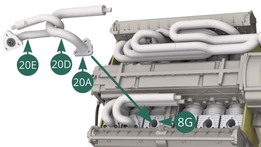 Accrocher le tuyau d’échappement 20E sur le tuyau d’échappement 20D et positionner la bride 20A de ce dernier sur le cylindre 8G.