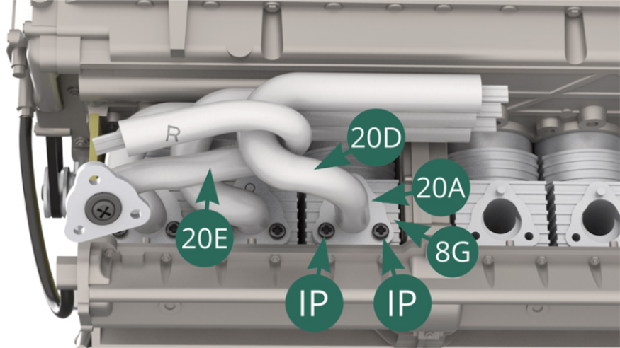 Fixer la bride 20A du tuyau d’échappement 20D sur le cylindre 8G avec deux vis IP.