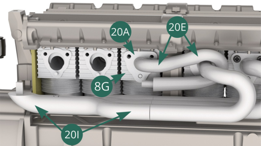 Positionner la bride 20A du tuyau d’échappement 20E sur le cylindre 8G et la fixer avec deux vis IP (illustrations ci-ci-dessous).