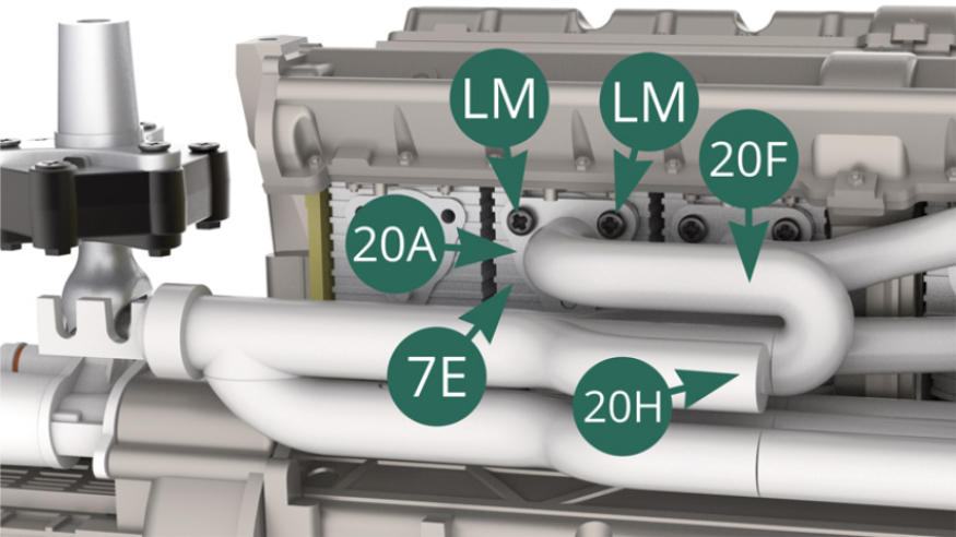 Fixer la bride 20A du tuyau d’échappement 20F sur le cylindre 7E avec deux vis LM.