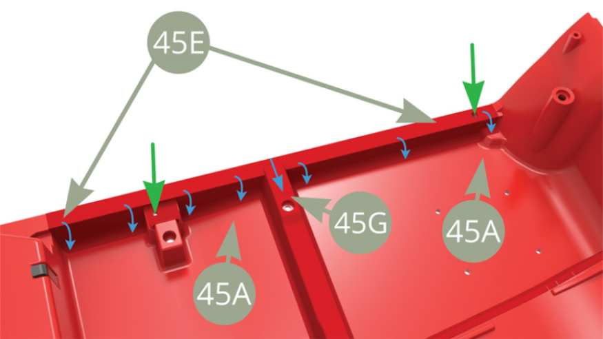 Align two holes of 45E Cabin floor cover against two holes of 45A Cabin floor left side beam ( green arrows ) , and then smooth on top surface and side surfaces as blue arrows point , with its middle strip overlapping on 45G Cabin floor cover.