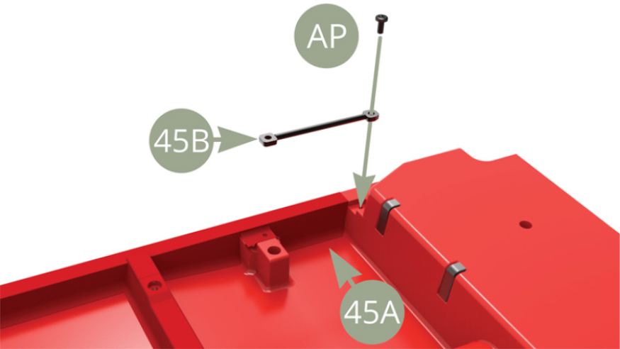 Positionner le guide de ceinture de sécurité 45B sur le côté droit du plancher de l’habitacle 45A et le fixer avec une vis AP.