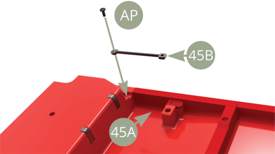 Positionner le guide de ceinture de sécurité 45B sur le côté gauche du plancher de l’habitacle 45A et le fixer avec une vis AP.