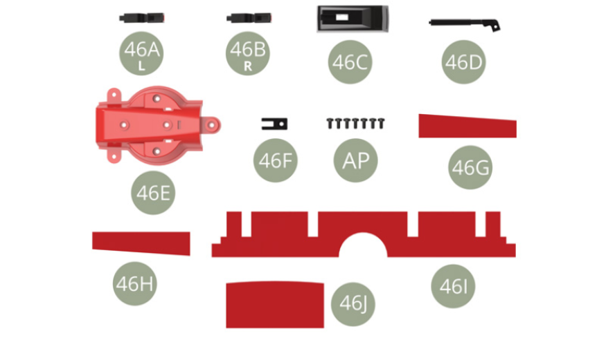 46A Sicherheitsgurtschloss ( L ) Links46B Sicherheitsgurtschloss ( R ) Rechts46C Gehäuse für den Feststellbremshebel46D Feststellbremshebel46E Halterung für Feststellbremse46F Stützstange46G Abdeckung Kabinenboden46H Abdeckung Kabinenboden46I Abdeckung Kabinenboden 46J Abdeckung Kabinenboden AP M 1,7 x 4 mm (x 7)