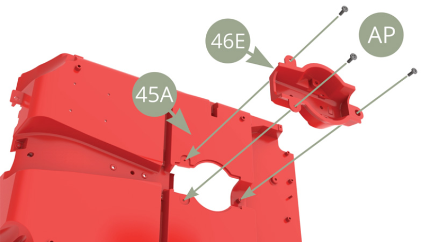 Fit 46E Parking brake mount from below to 45A Cabin floor and fix with three AP screws . Smooth 45G Cabin floor cover free end on to 46E Parking brake mount top front side ( bottom  illustrations ).