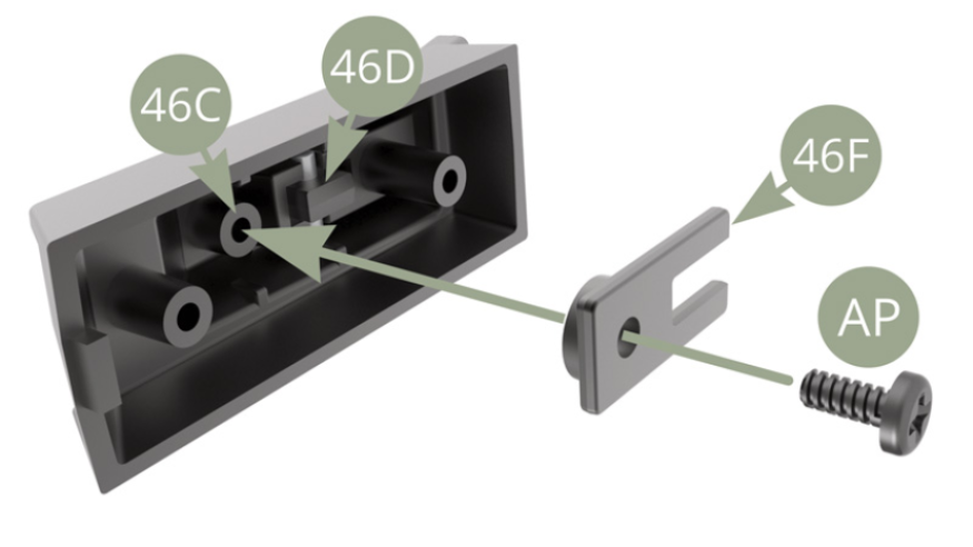 Apply 46F Support bar on top of 46D Parking brake lever and fix to 46C Parking brake lever housing with AP screw.