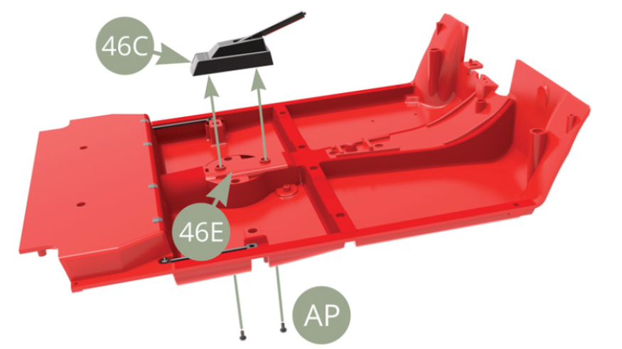 Fit 46C Parking brake lever housing to 46E Parking brake mount and fix from below with two AP screws . (bottom illustrations ).