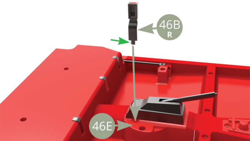 Fit 46B ( R ) Right safety belt lock ( note sharp edge green arrow orientation ) to the right side of 46E Parking brake mount.