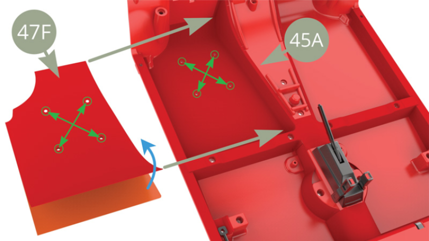 Peel 47F Cabin floor cover off its backing paper , align four holes ( green crossed arrows ) to four holes on 45A Cabin floor , apply and and smooth on the cover.